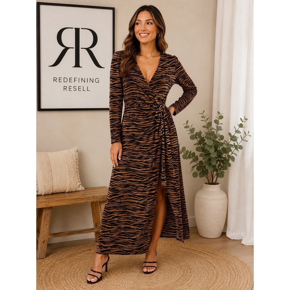 WAYF Womens Brown Tiger Print Velvet Wrap Maxi Dress Long Sleeve V-Neck Size M